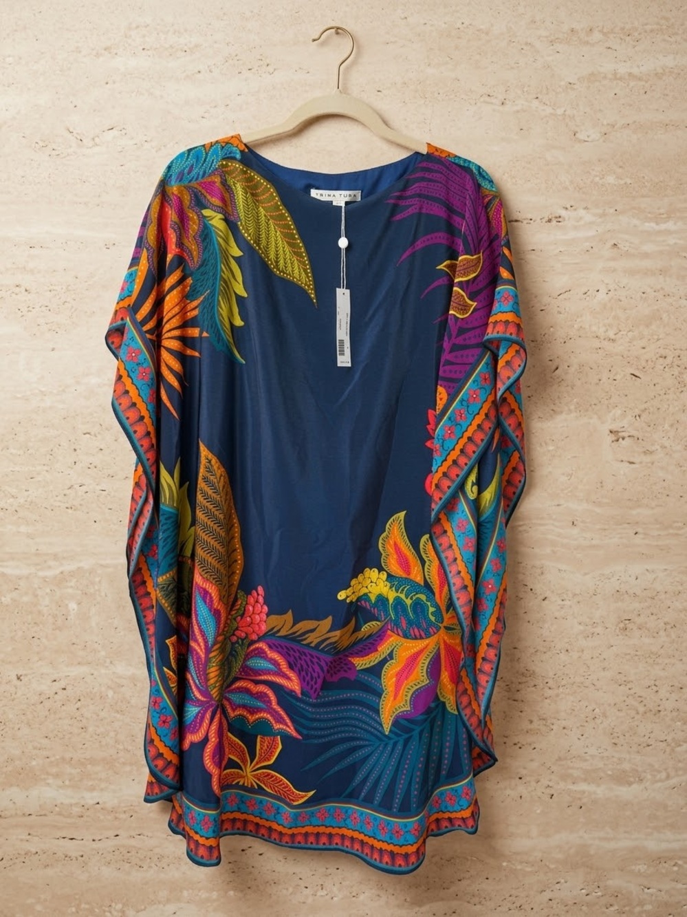 NWT Trina Turk 100% Silk Tropical Floral Kaftan Caftan Mini Dress Navy XS